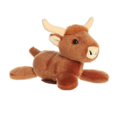 A soft brown Highland cow plush with fluffy fur, curved horns, and a magnetic base from Shoulderkins by Aurora.