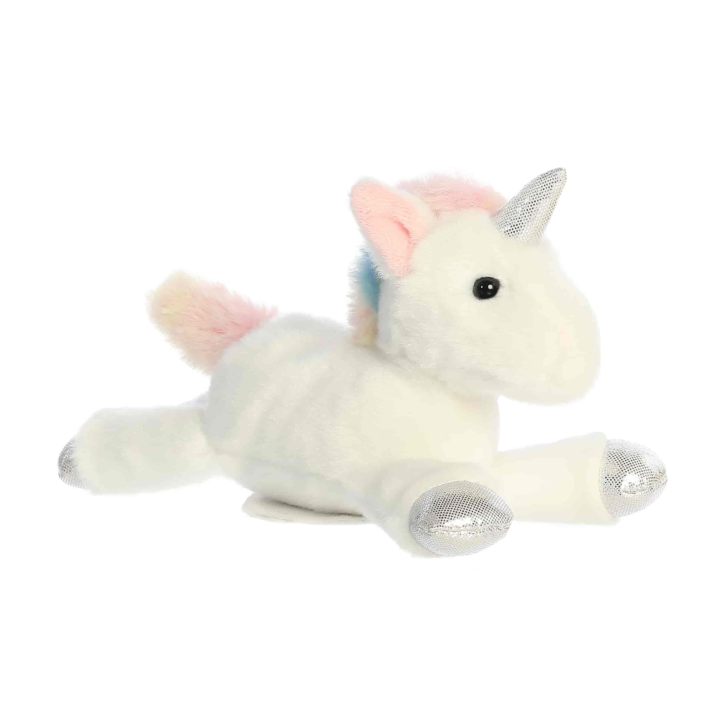 A soft white unicorn plush with silver accents, a sparkling horn, and magnetic base from Shoulderkins