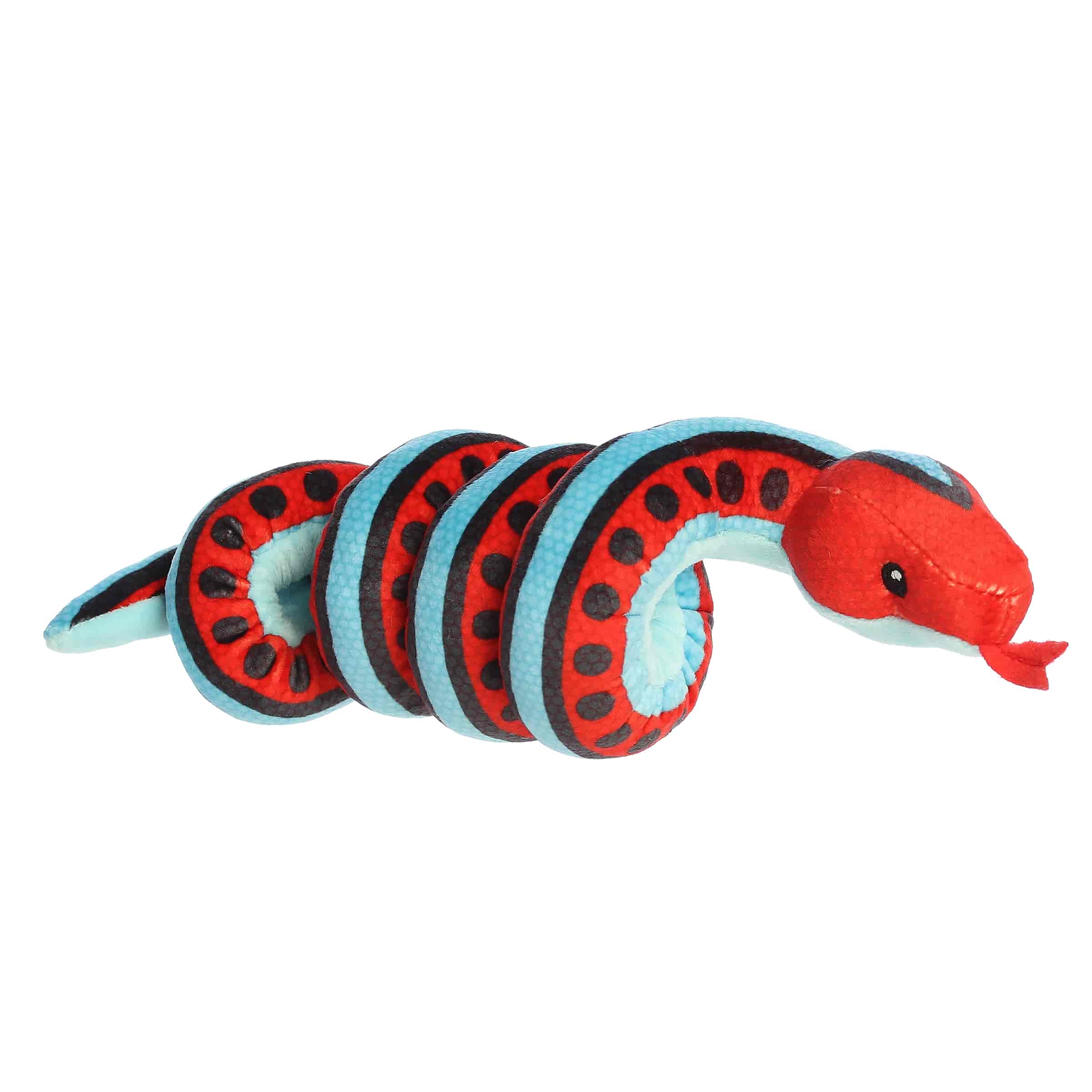 A red, blue, and black snake plush designed to wrap around the wrist from Wrist Wranglers by Aurora.