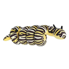 A yellow, black, and white striped caterpillar plush designed to wrap around the wrist from Wrist Wranglers