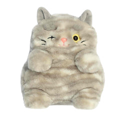 A gray striped cat plush with a pink nose and winking eye from MewMews by Aurora.