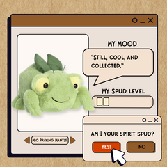 A spudsters product card for the praying mantis plush by Aurora