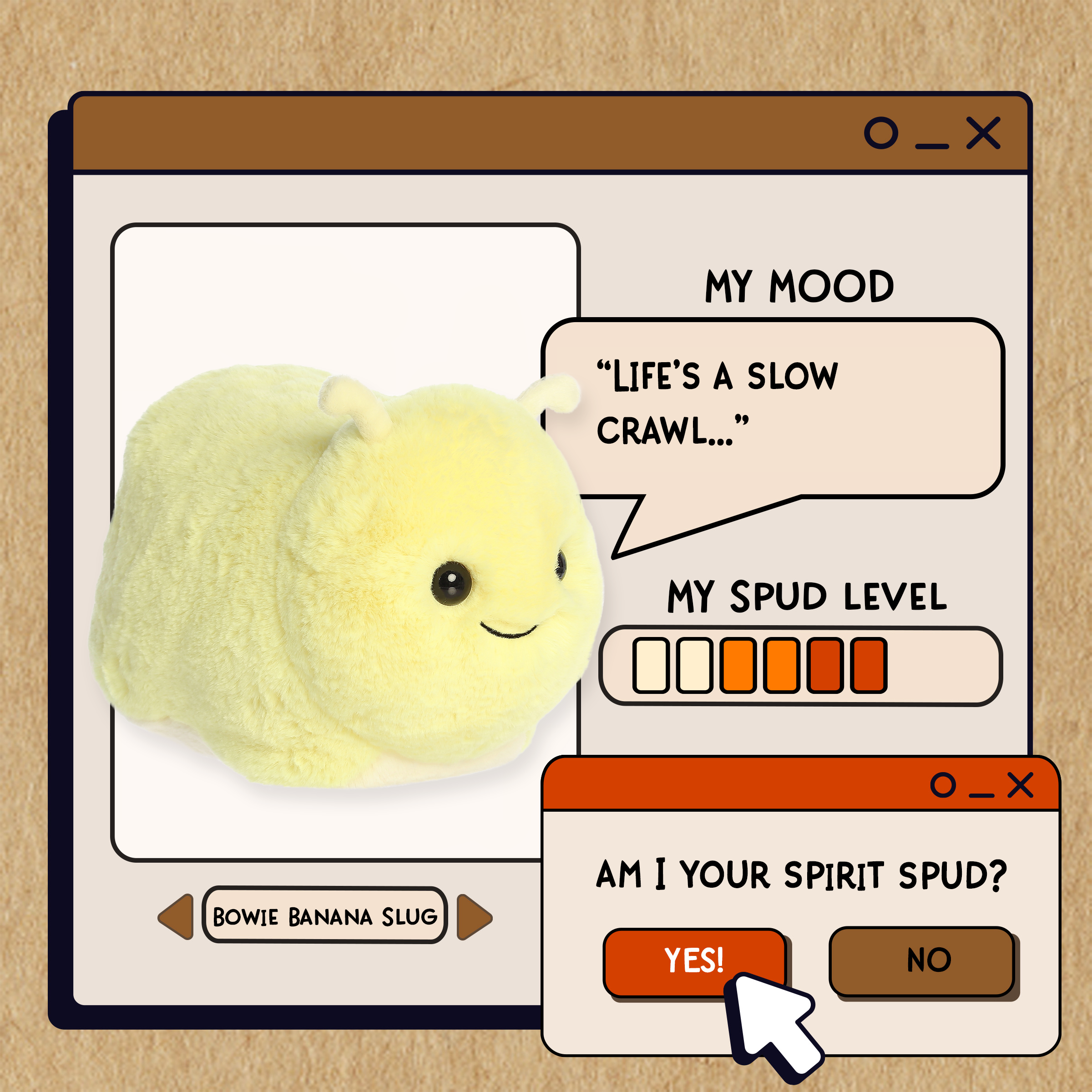 A spudsters product card for the banana slug plush by Aurora