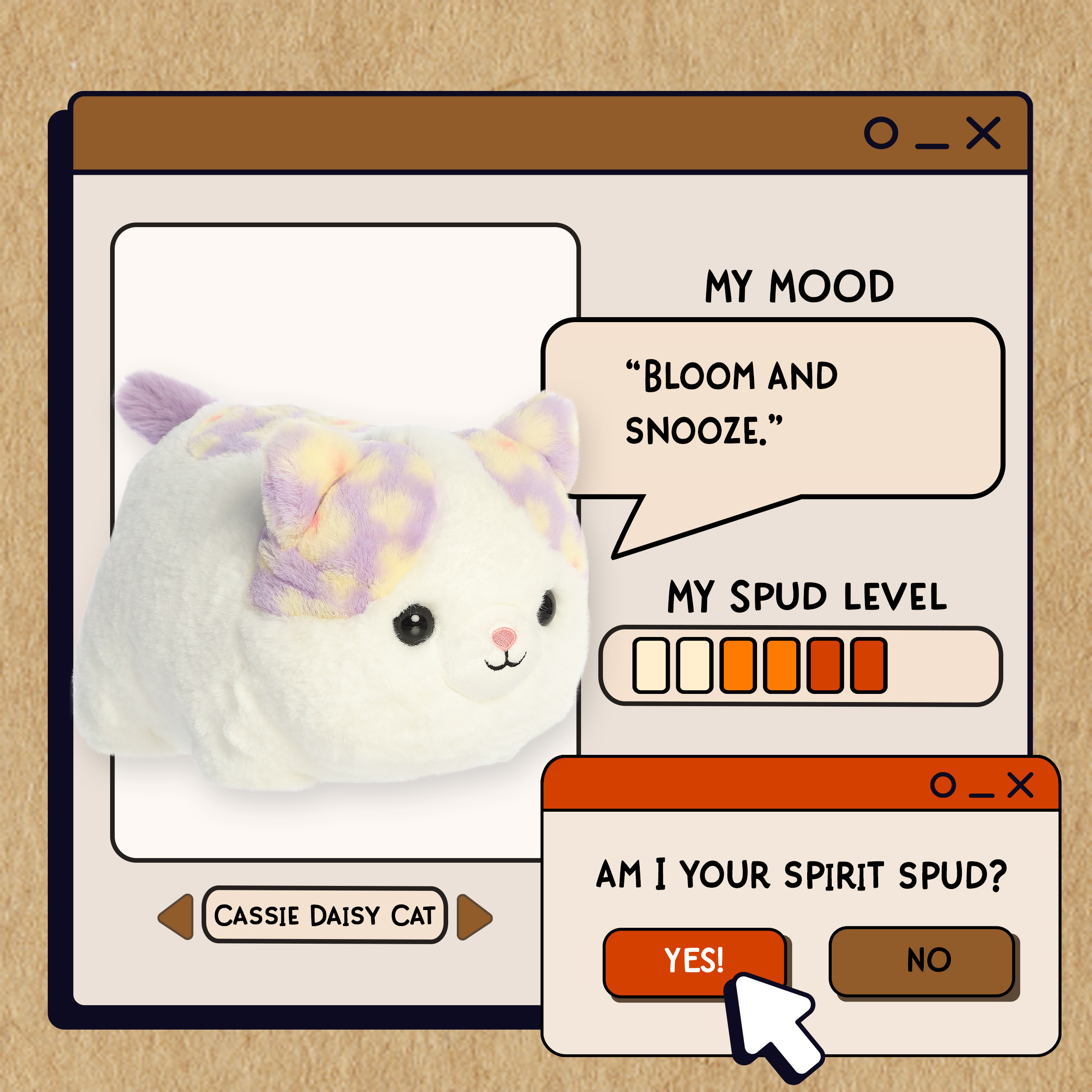 A spudsters product card for the white cat plush with pastel lavender, yellow, and orange spots by Aurora