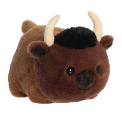 A round brown bison plush with black tufted fur and small horns from Spudsters by Aurora.