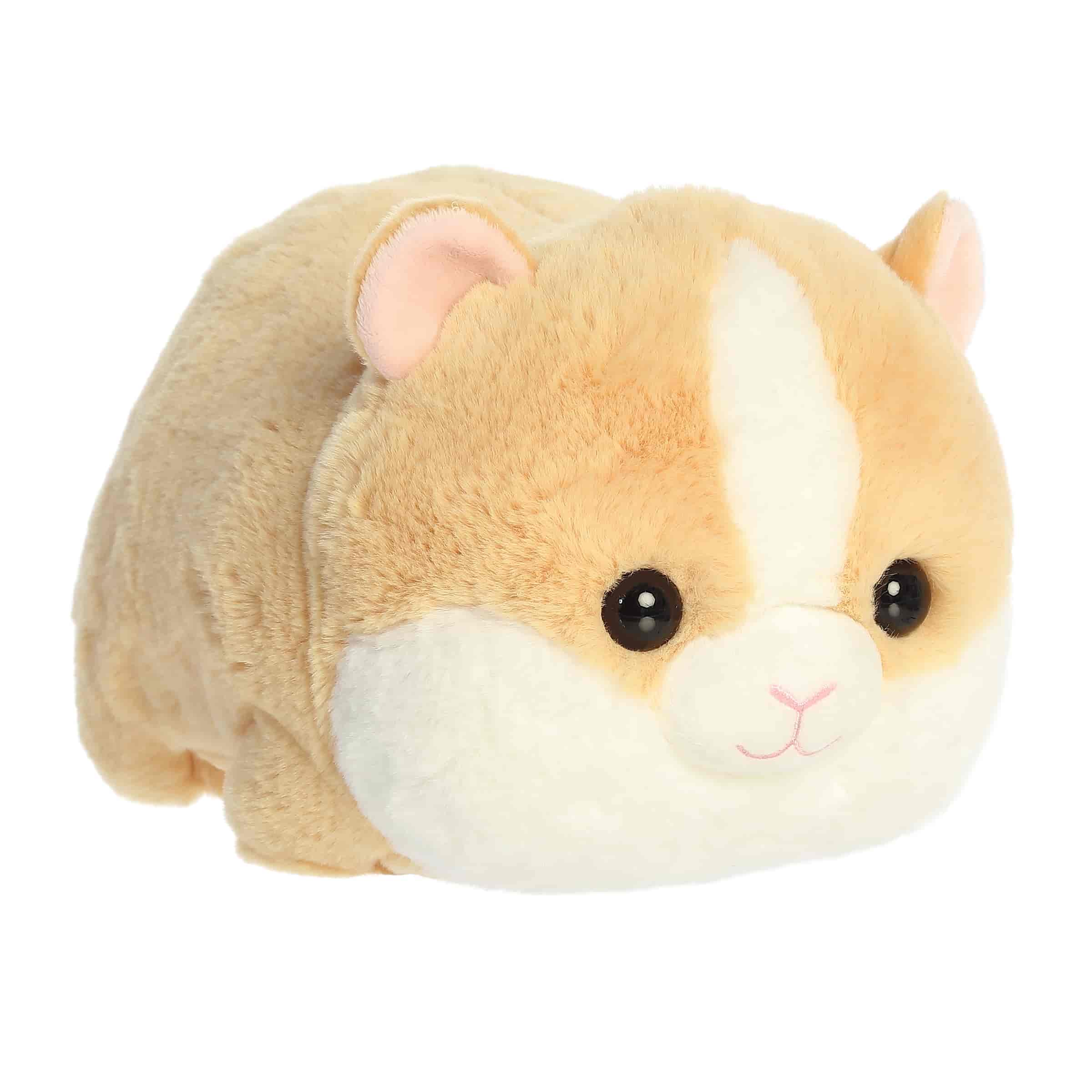 A round tan and white hamster plush with pink ears and a stitched smile from Spudsters by Aurora.