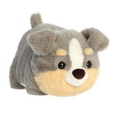 A round gray, tan, and white Australian Shepherd plush with a fluffy body from Spudsters by Aurora