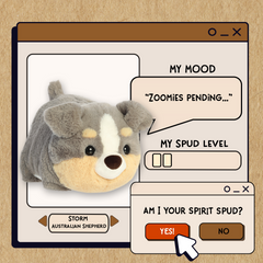 A spudsters product card for the Australian shepherd plush by Aurora