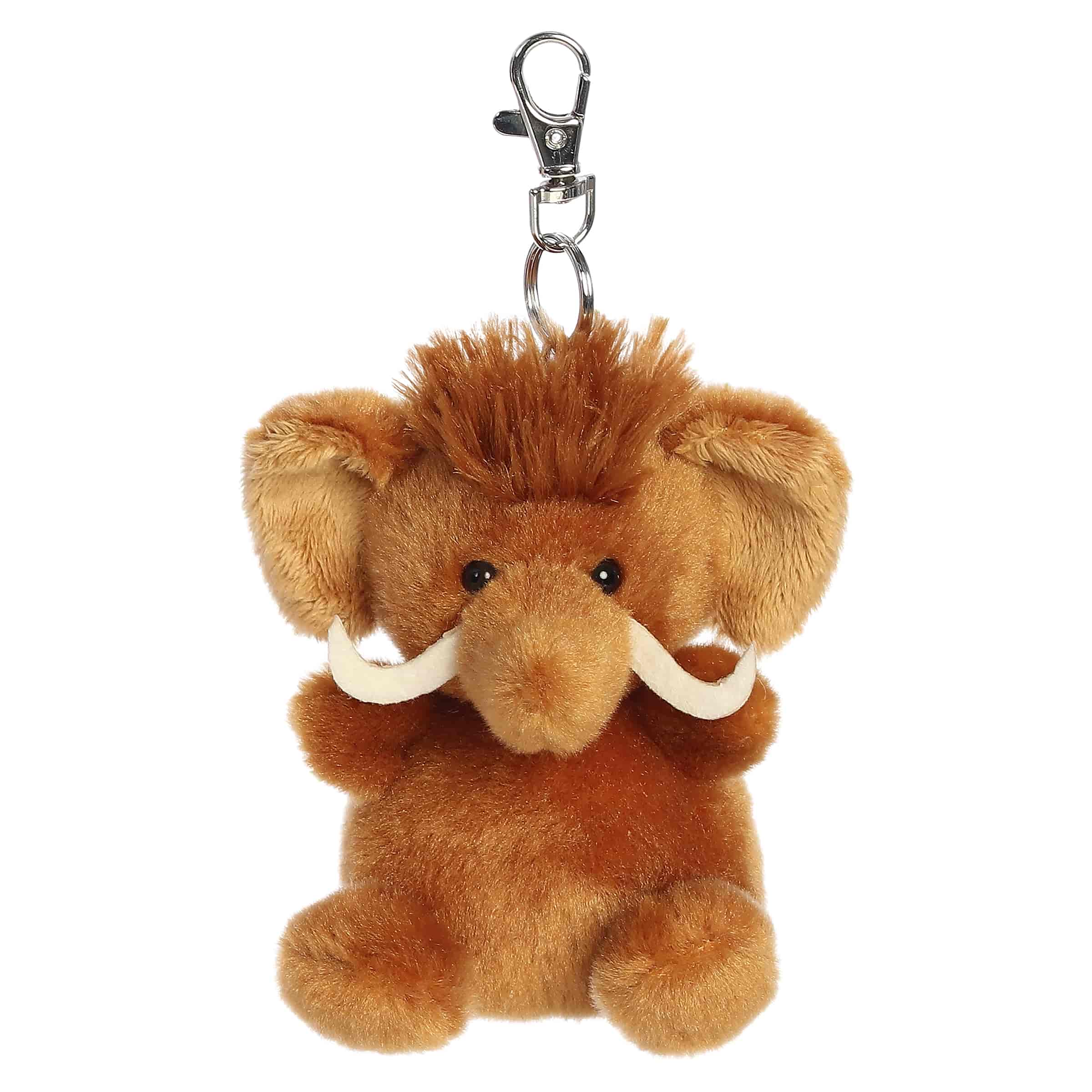 Mo Woolly Mammoth clip-on plush, shaggy brown fur with soft tusks and silver clip, from Palm Pals.