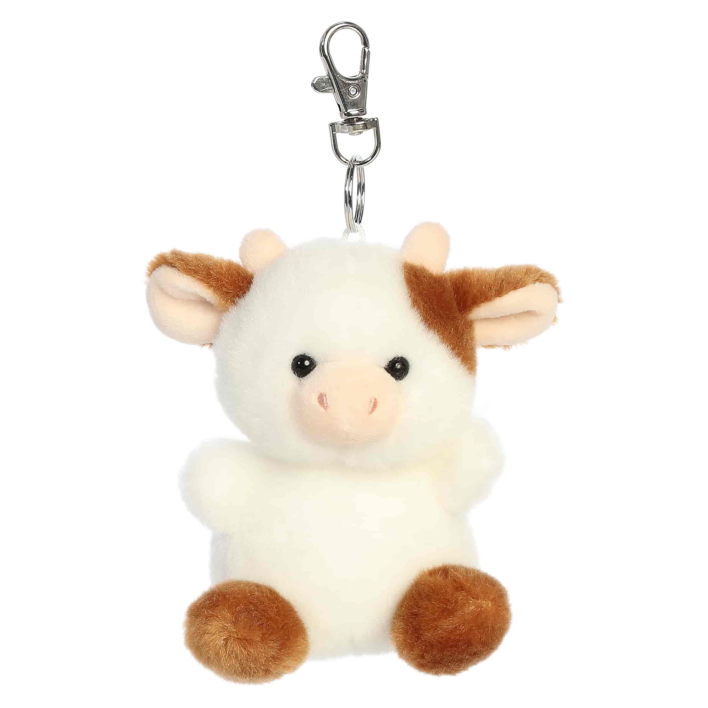 Caroline Brown Cow clip-on plush, white and brown spots with small horns and silver clip, from Palm Pals.