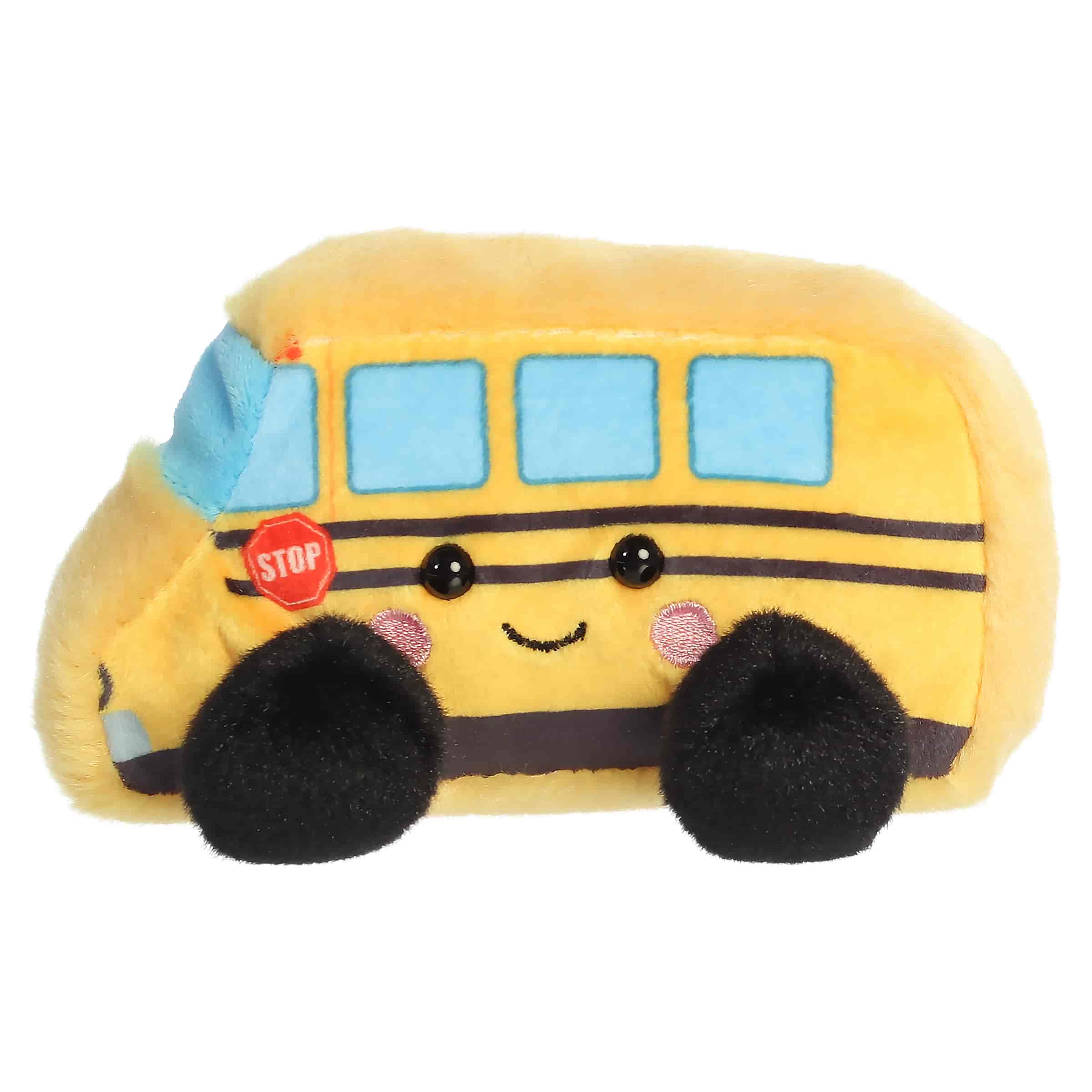 Friendly School Bus plush, yellow with blue windows and black transit stripes, from Palm Pals.