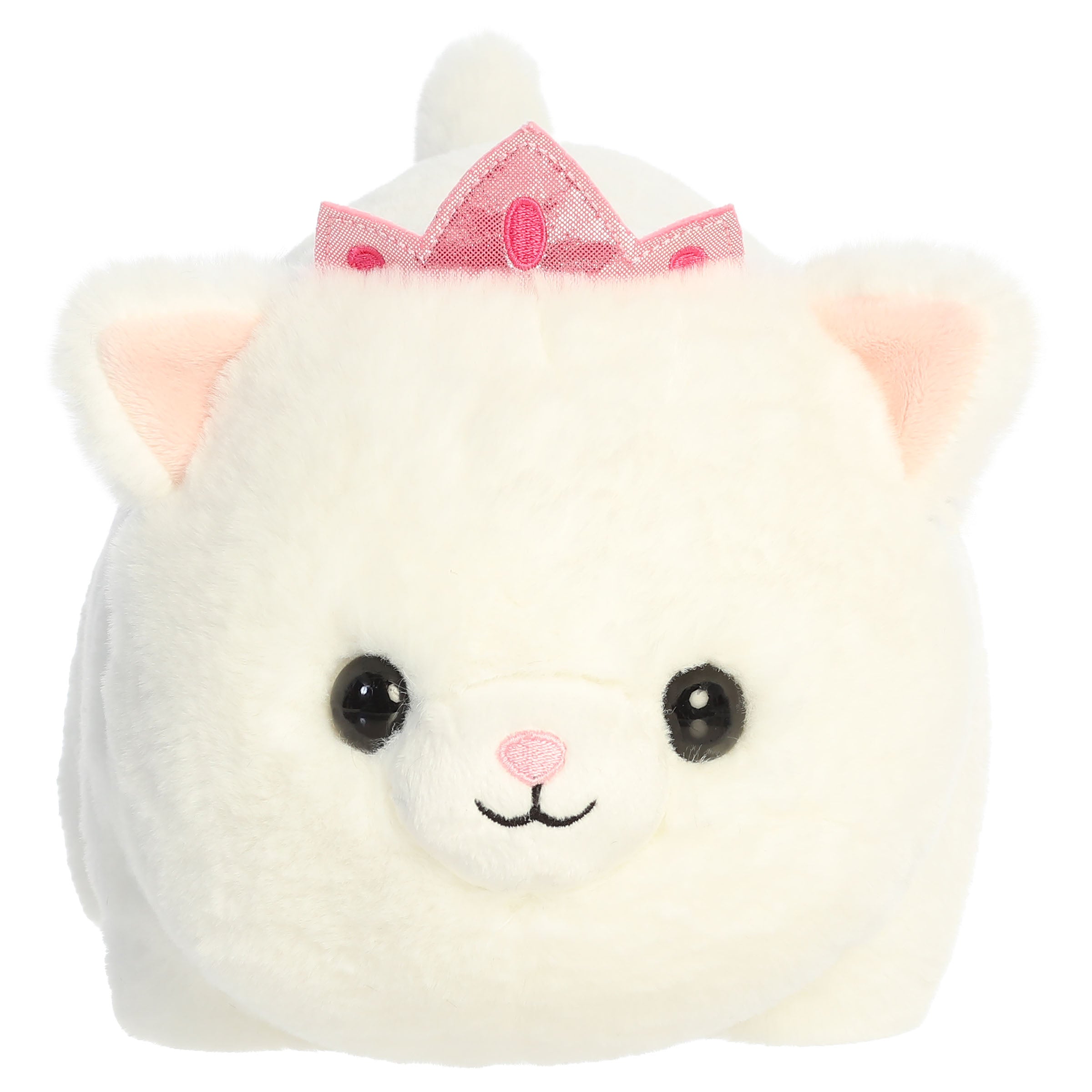 A white kitty plush toy from Aurora with a rounded potato shape and a pink crown detail.