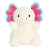 A party-sized axolotl plush toy from Aurora with white fur, a sweet embroidered face, and blue-and-pink frilly gills.