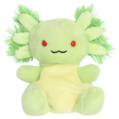 An axolotl plush toy from Aurora with neon green fur, red eyes, a sweet embroidered face, and frilly gills.