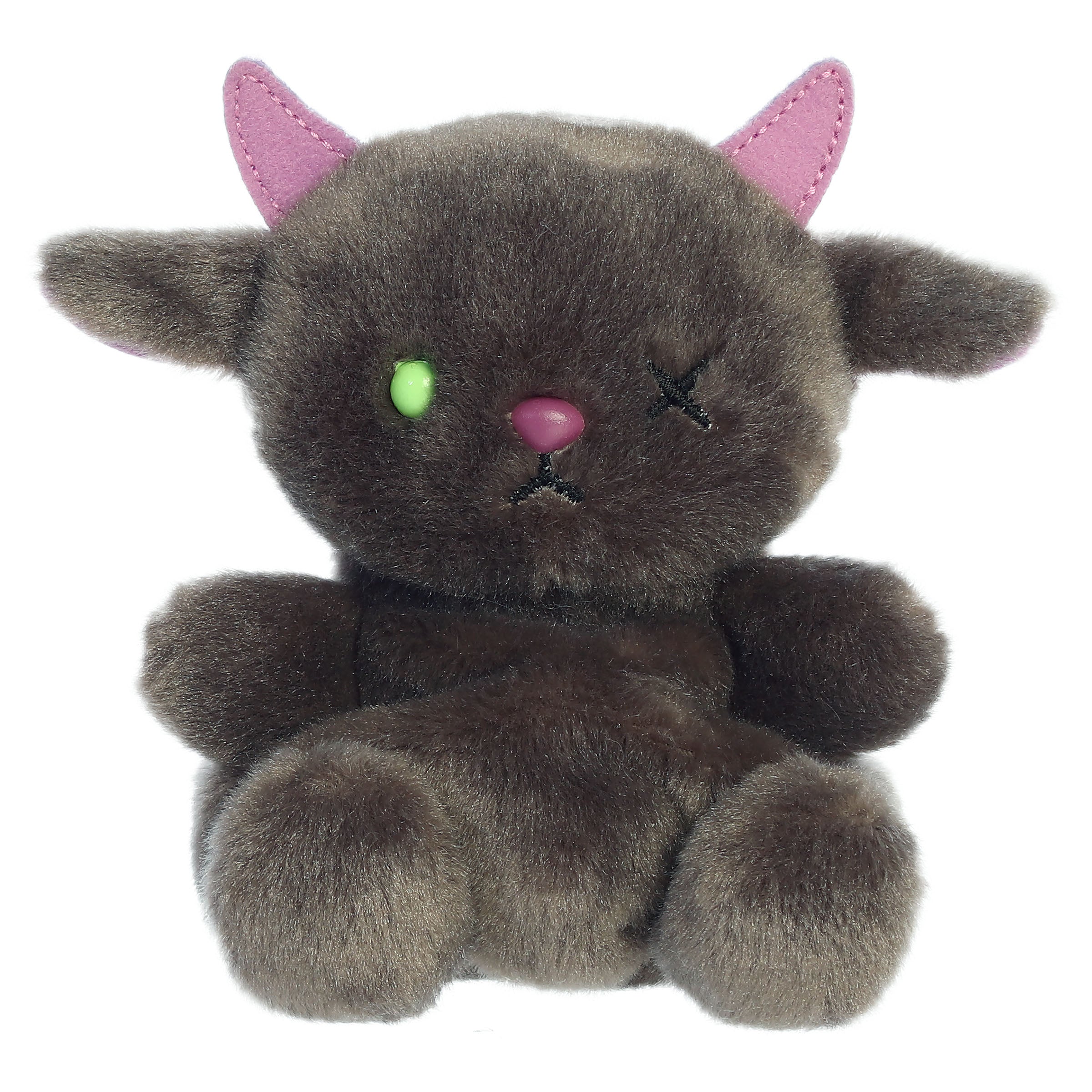 A monster plush toy from Aurora with a gray body, tiny horns, and bright embroidered features.