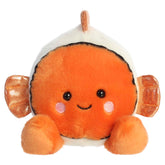 Giggles Clownfish plush with orange body, white stripes, tiny fins, bright smile, and round Palm Pals shape