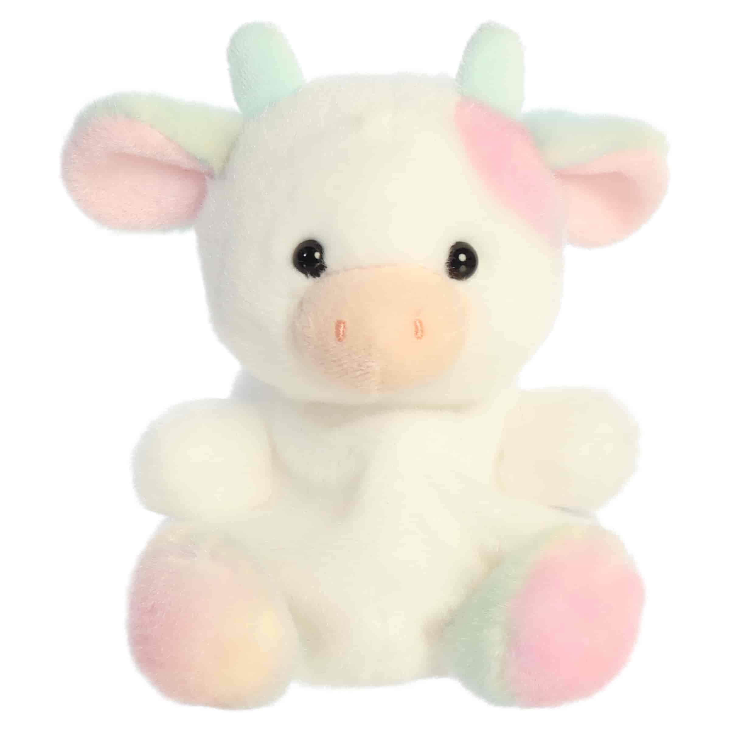 Georgia Rainbow Cow plush with fluffy white body, pastel rainbow accents, tiny horns, soft ears, and sweet cow face