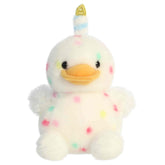 Sparkler Cake Rubber Ducky plush with white duck body, colorful sprinkles, bright face, and candle topper