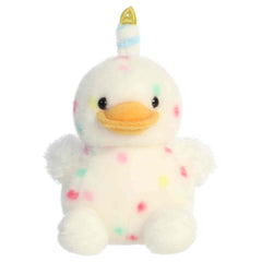 Sparkler Cake Rubber Ducky plush with white duck body, colorful sprinkles, bright face, and candle topper