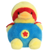 Super-Sud Super Duck plush with blue body, red superhero mask, yellow beak, belly emblem, and round shape