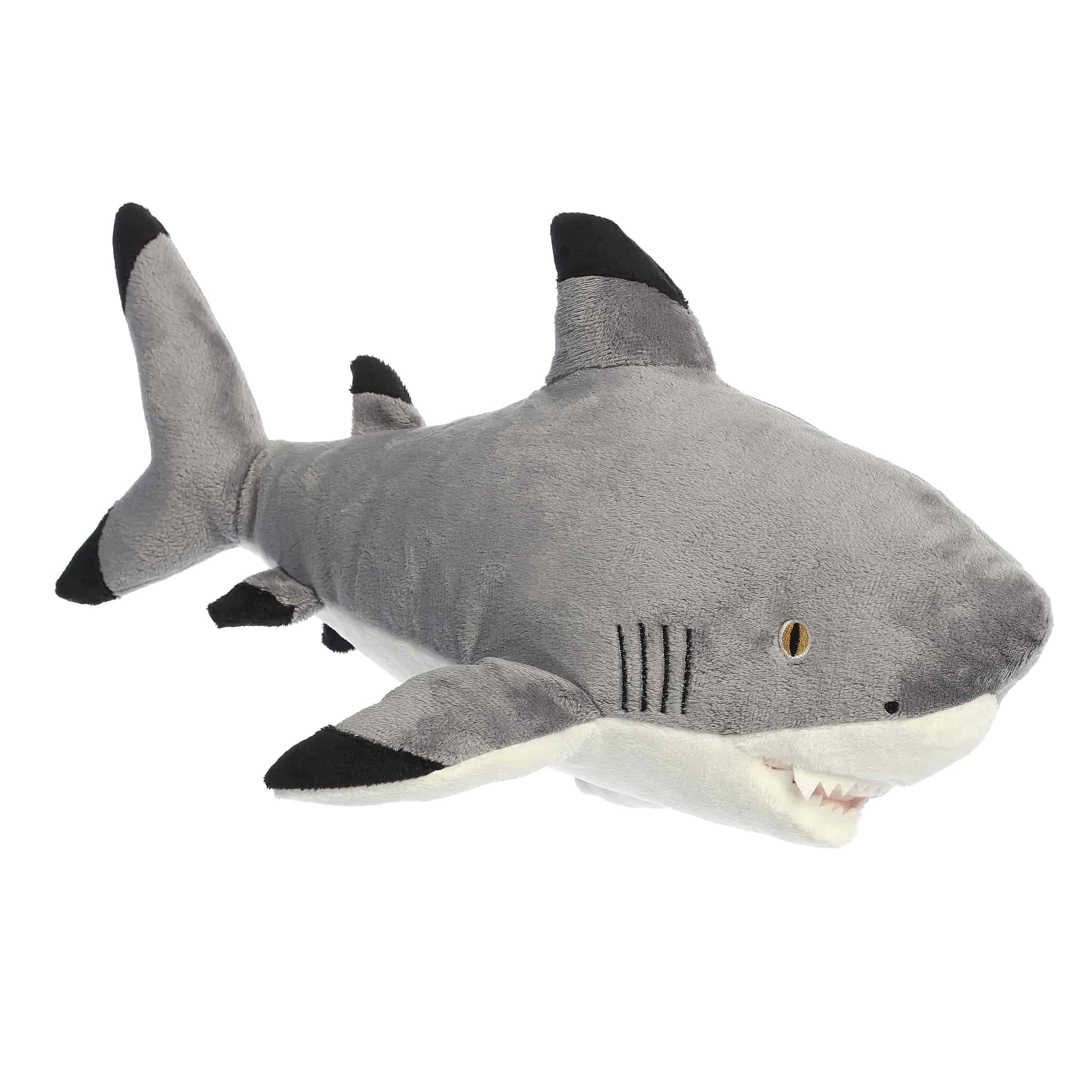 An Eco Hugs Black Tipped Shark plush by Aurora crafted from recycled materials with sleek gray coloring