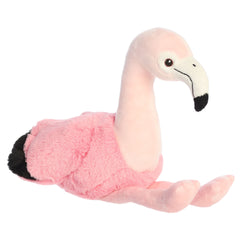 A flamingo plush toy from Aurora with pink fur, a long neck, and a lifelike design.