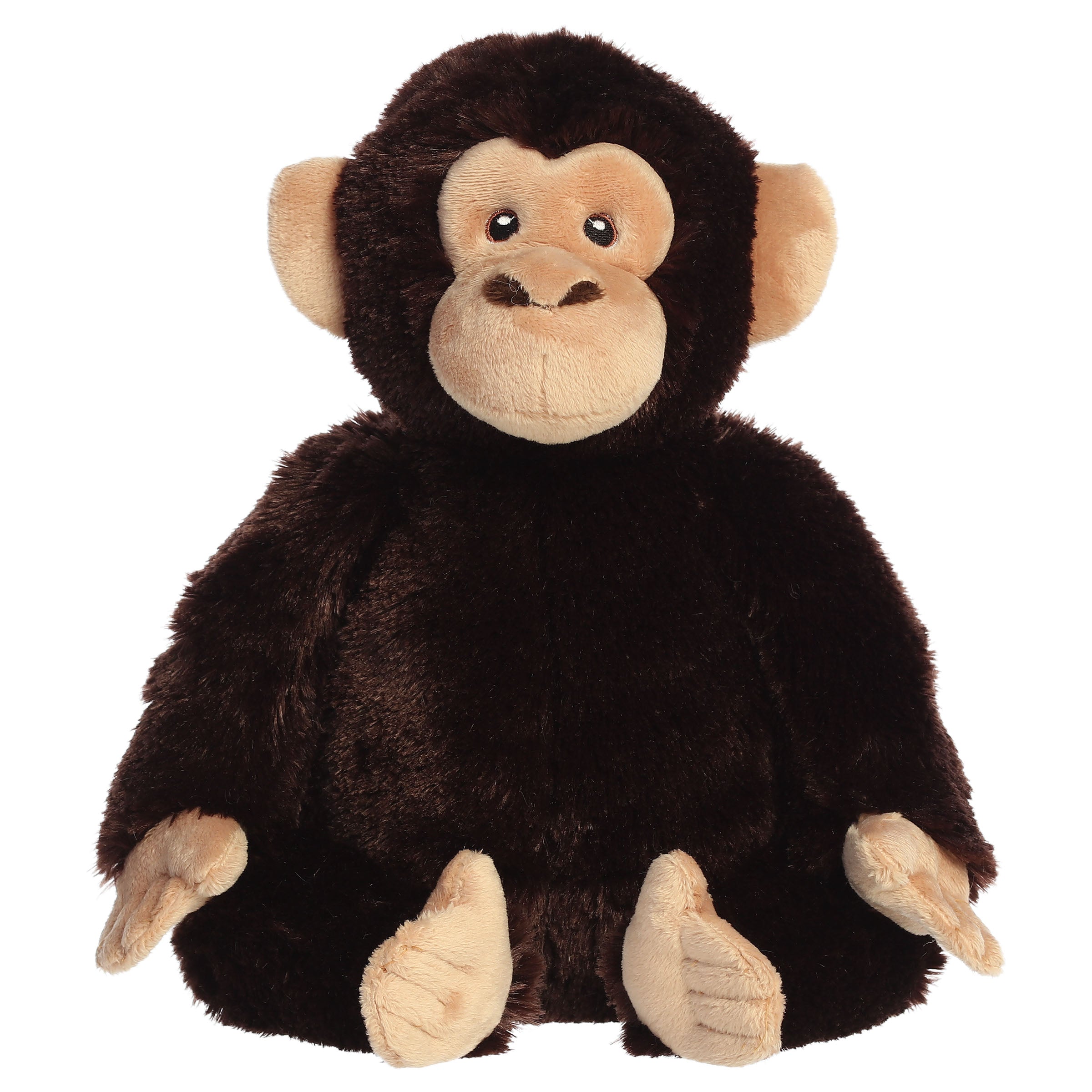 A chimpanzee plush toy from Aurora with dark fur, an expressive face, and a realistic pose.
