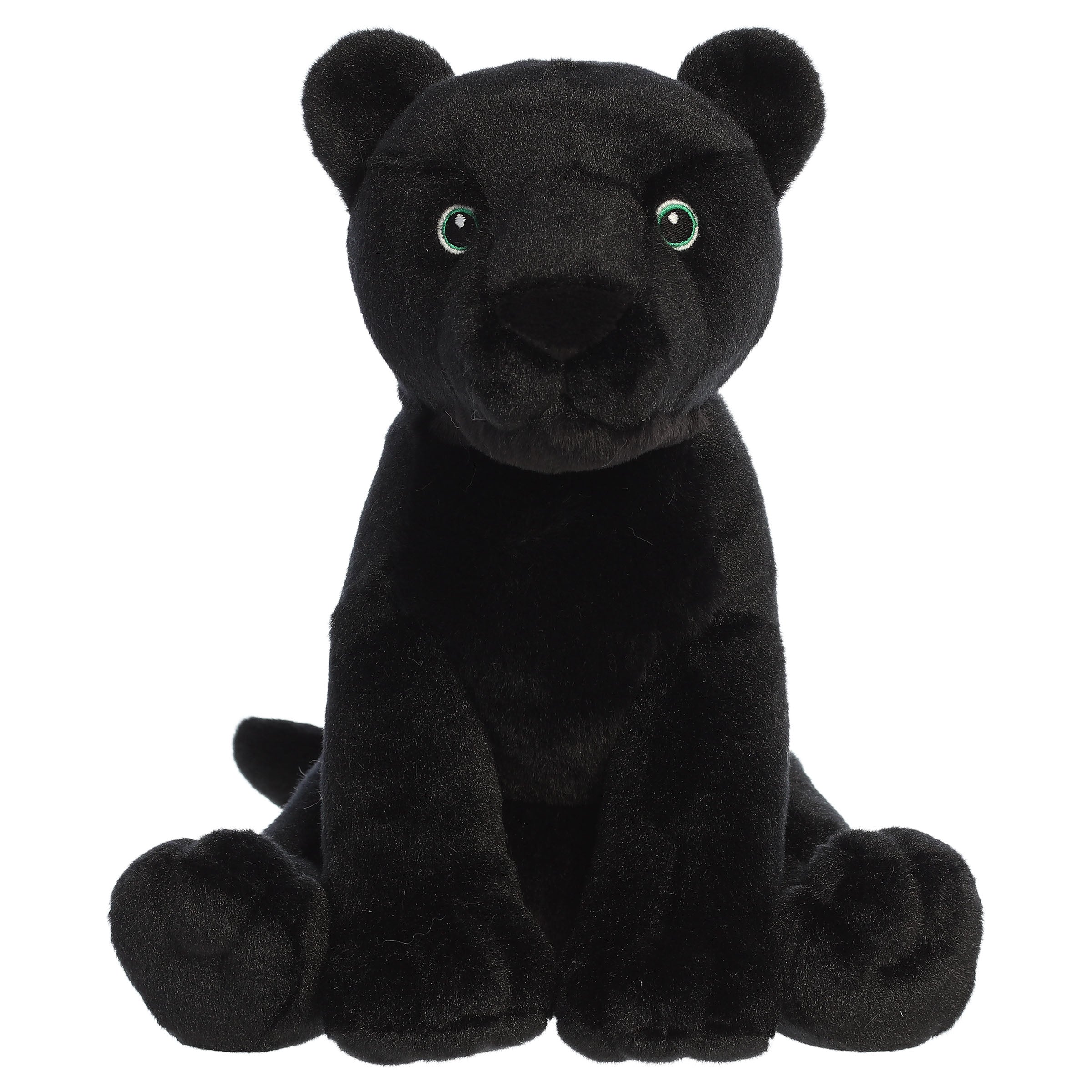 A panther plush toy from Aurora with black fur, striking facial details, and a sitting pose.
