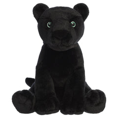 A panther plush toy from Aurora with black fur, striking facial details, and a sitting pose.