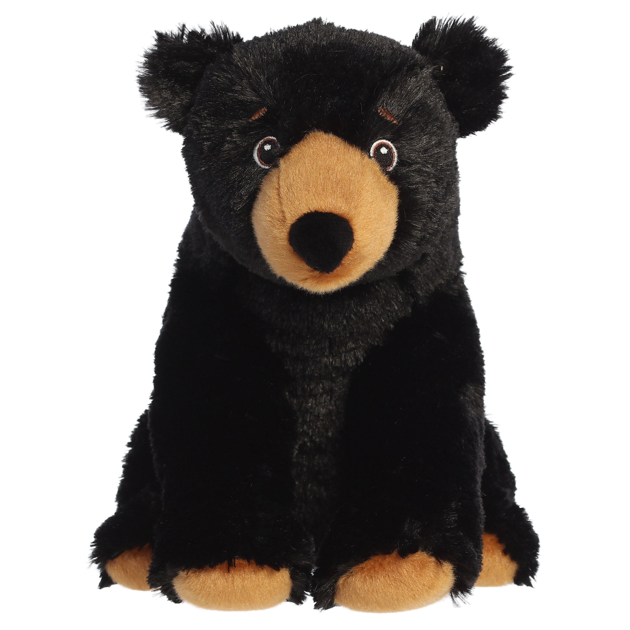 A black bear plush toy from Aurora with black fur, a brown snout, and a realistic pose.
