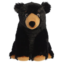 A black bear plush toy from Aurora with black fur, a brown snout, and a realistic pose.