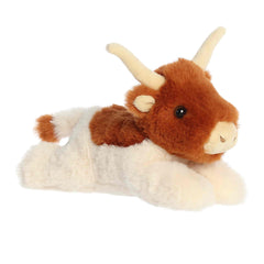 A brown and white longhorn cow plush with soft horns and a floppy body from Mini Flopsies by Aurora.
