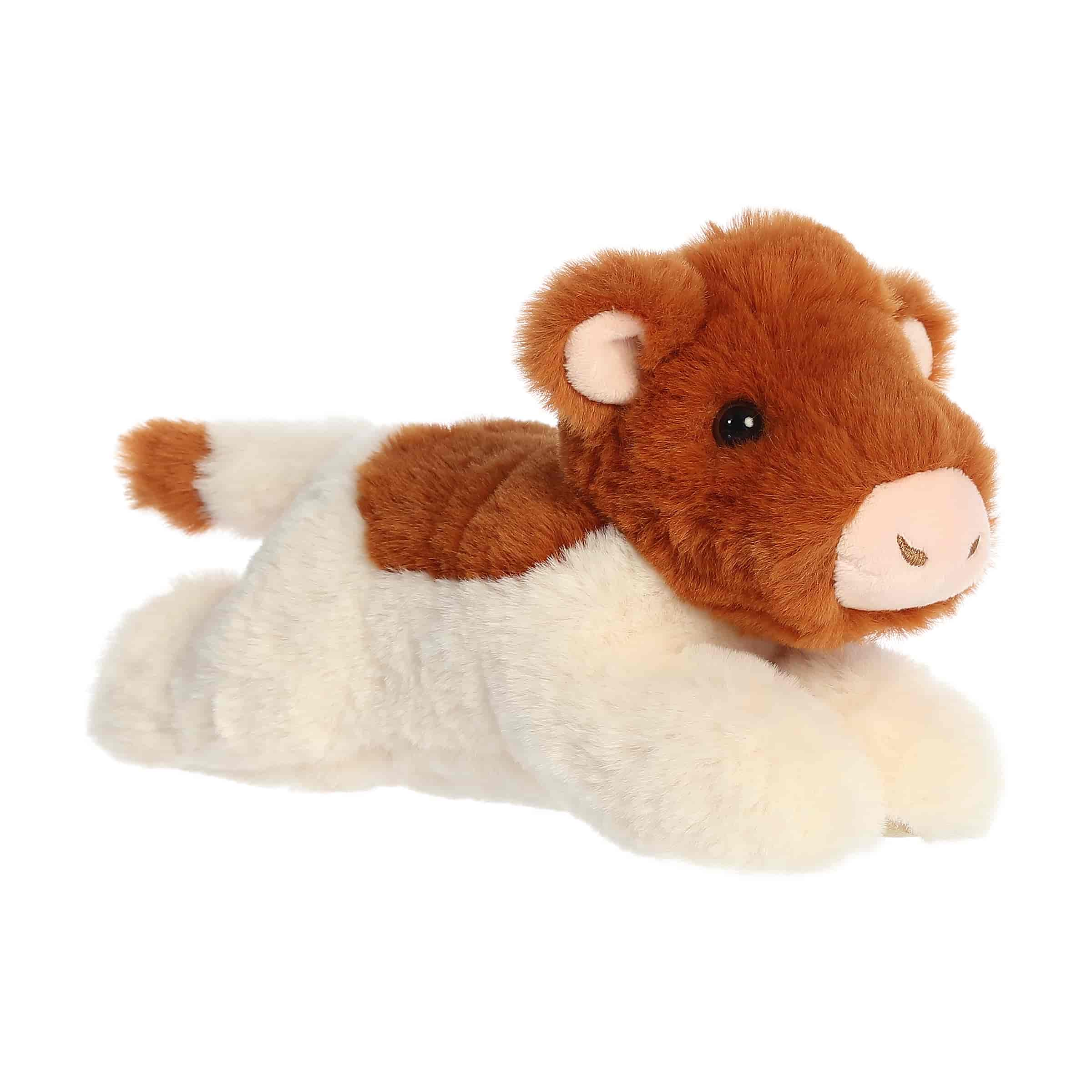 A brown and white longhorn calf plush with a pink nose and floppy body from Mini Flopsies by Aurora.