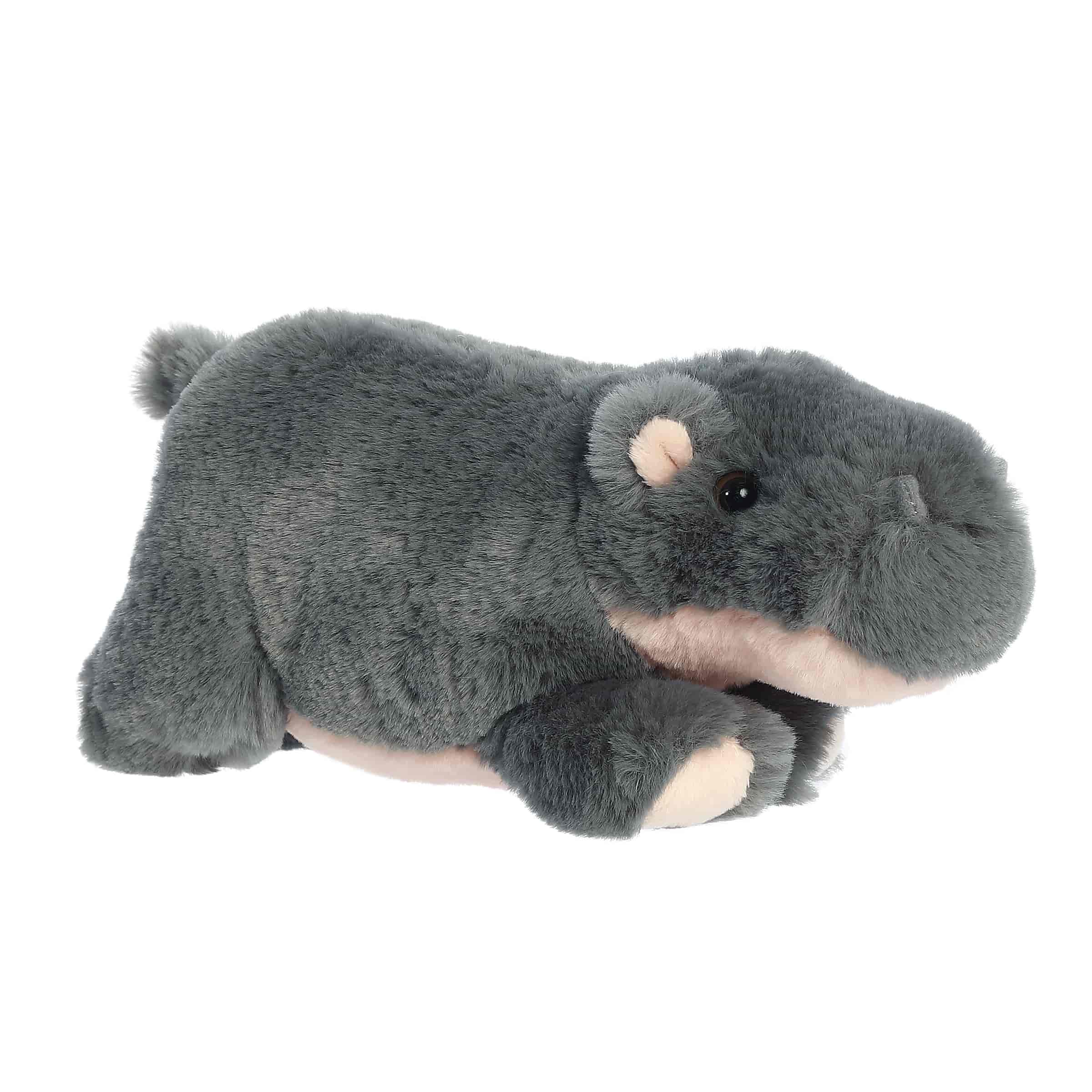 A gray-blue pygmy hippo plush with a rounded body and floppy design from Mini Flopsies by Aurora.