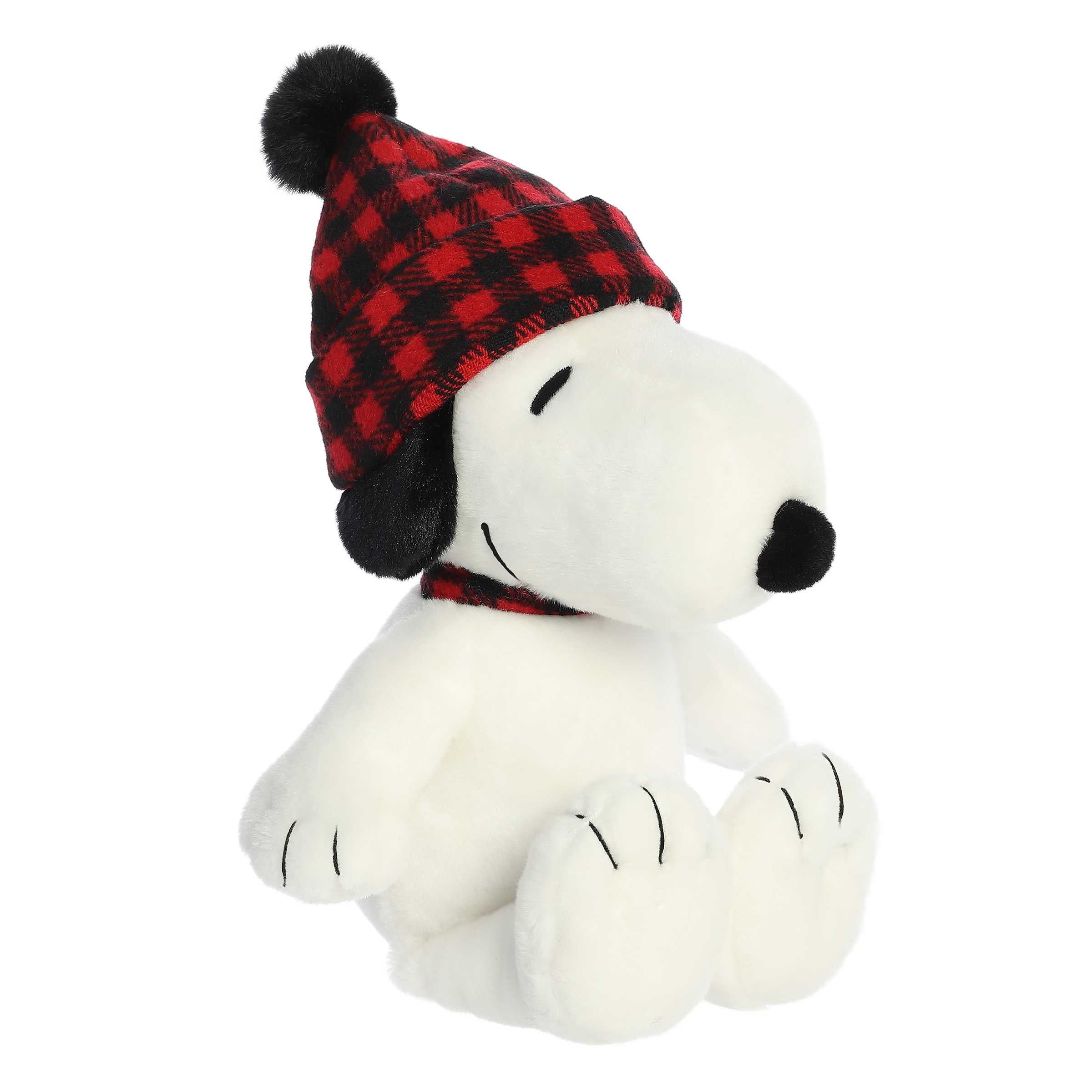 Winter Plaid Snoopy plush from Peanuts by Aurora, with a red and black plaid hat, perfect for cuddles and collecting.
