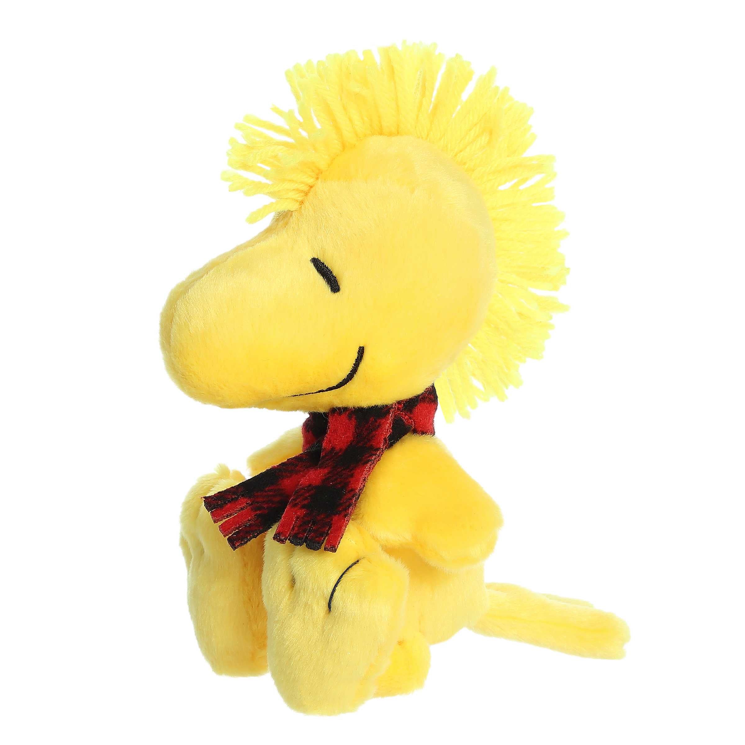 Winter Plaid Woodstock plush from Peanuts by Aurora, in a festive scarf, perfect for holiday cheer and collectors.