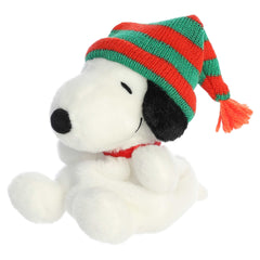 Snoopy Beanie - Palm Pals plush from Peanuts by Aurora, with a red scarf and striped beanie, perfect for holiday cheer!