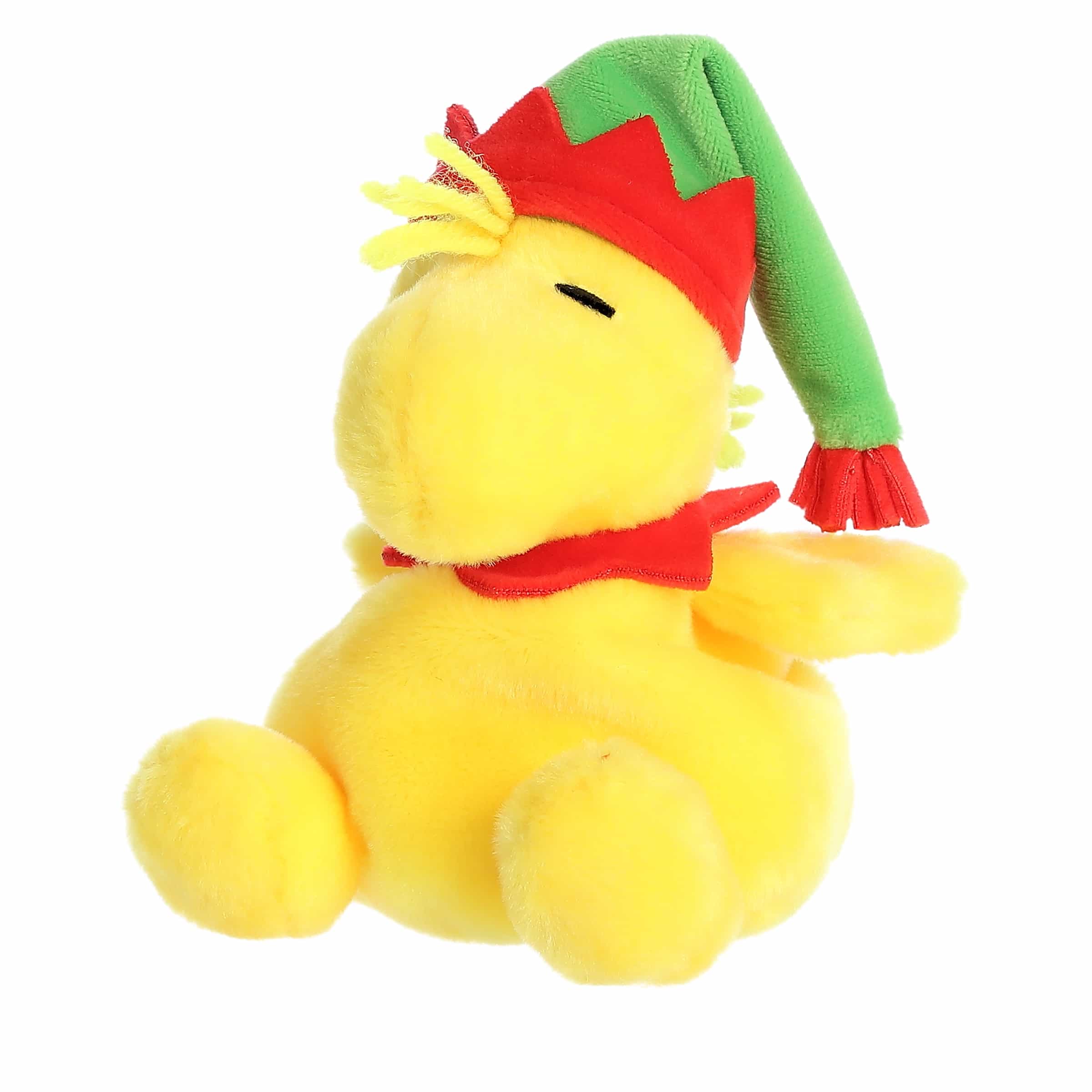 Yellow Woodstock plush with red elf collar and green jester hat, eyes closed sweetly