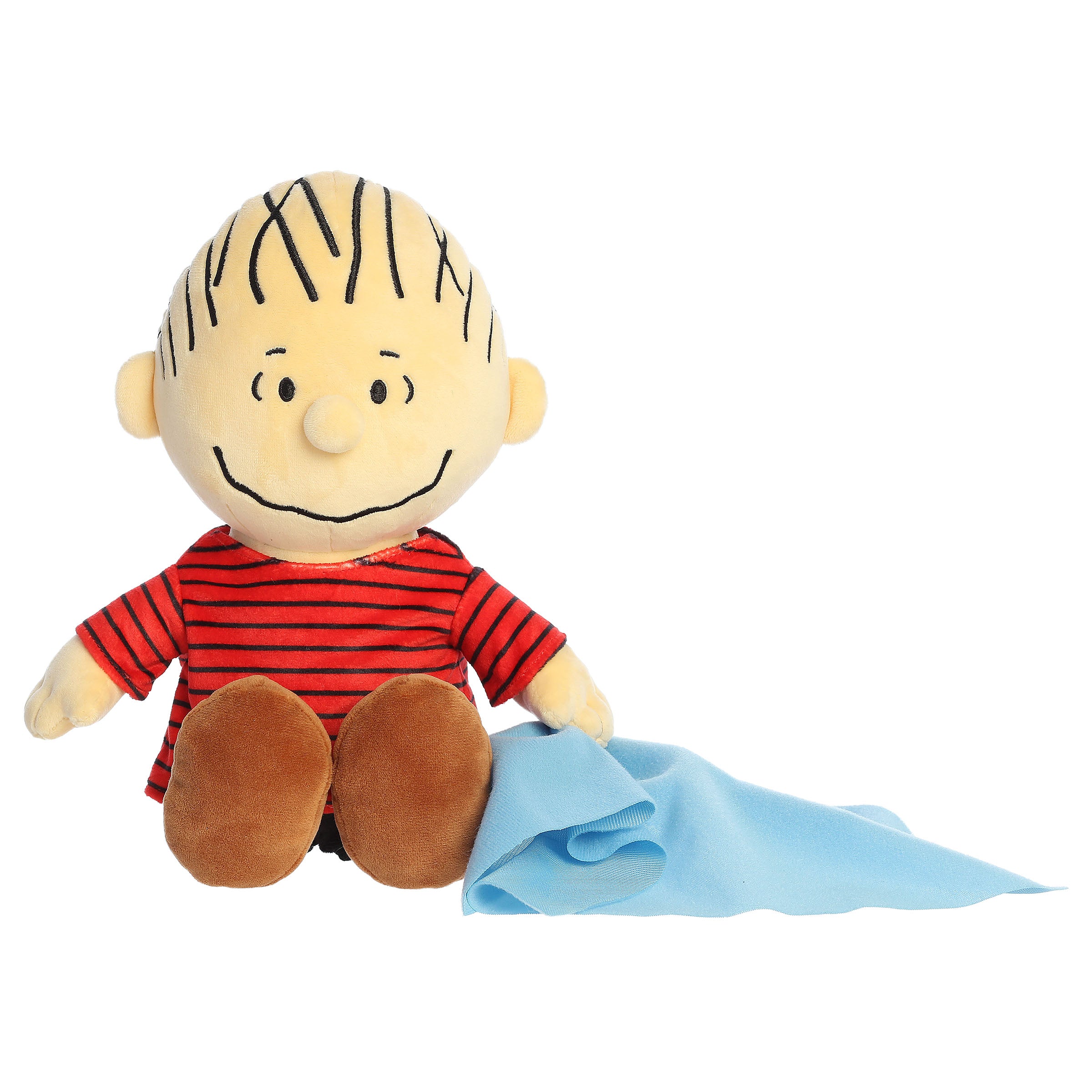 A Linus plush toy from Aurora with a red striped shirt and blue blanket.