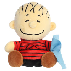 A Linus Palm Pal plush toy from Aurora with a striped shirt, embroidered smile, and blue blanket.