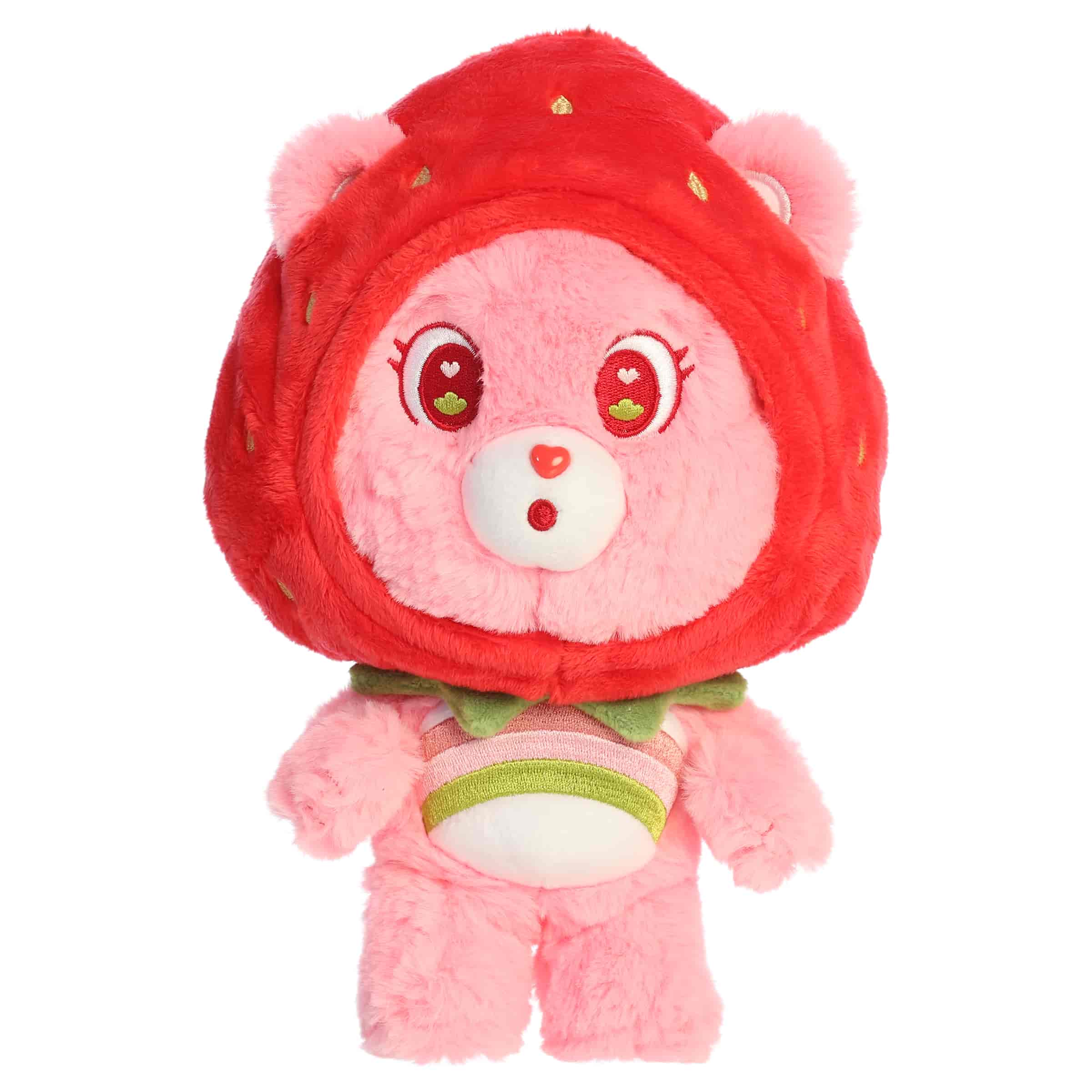 Strawberry Cheer Care Bears plush with red strawberry outfit, seed details, sweet smile, and rainbow belly badge