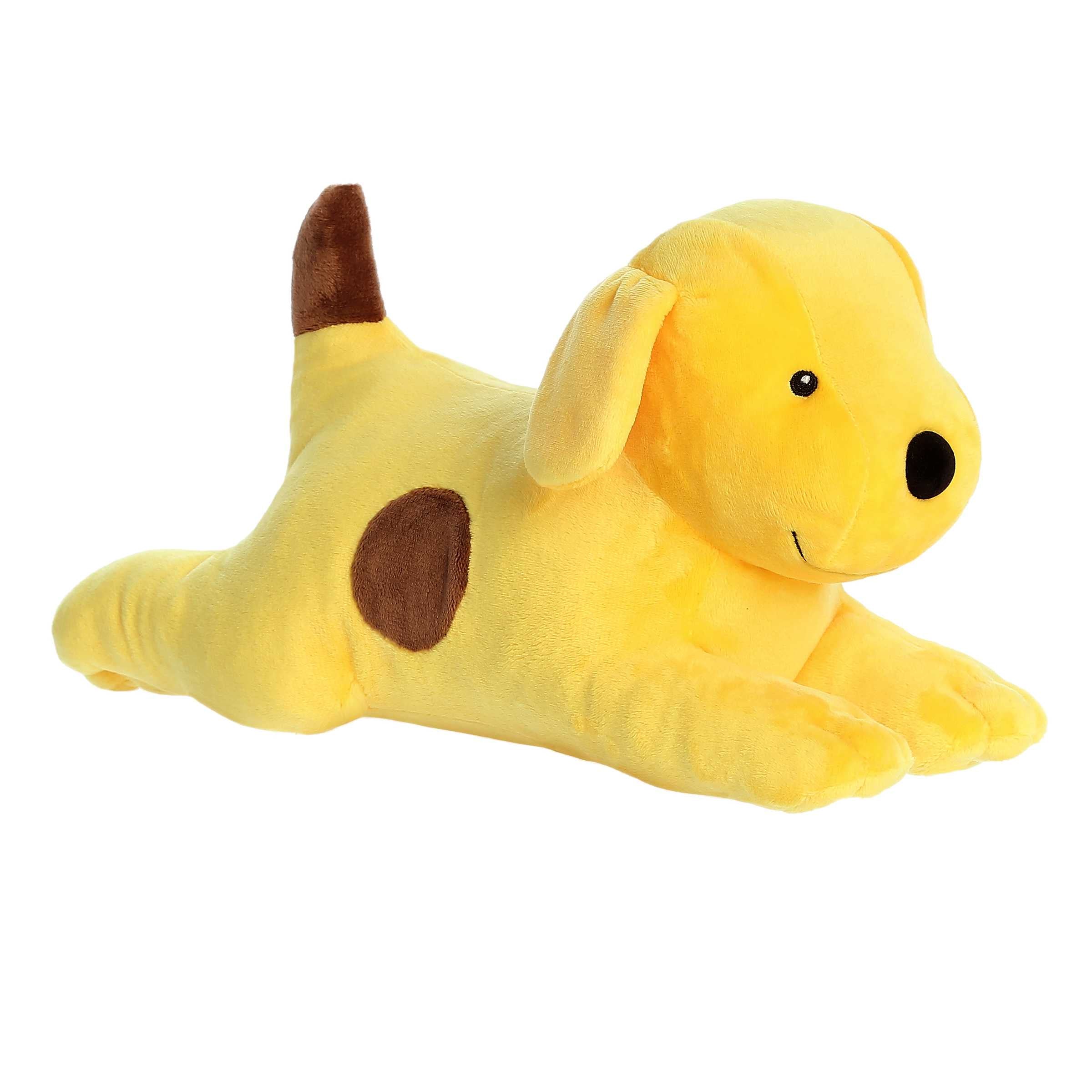 Sunny yellow Spot plush by Aurora, showcasing his iconic caramel spot and tail with a playful brown splash