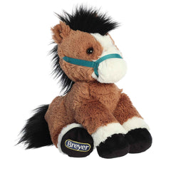 Breyer Bridle Buddies Bay Horse plush, auburn fur, black mane, white blaze, black hooves, teal bridle