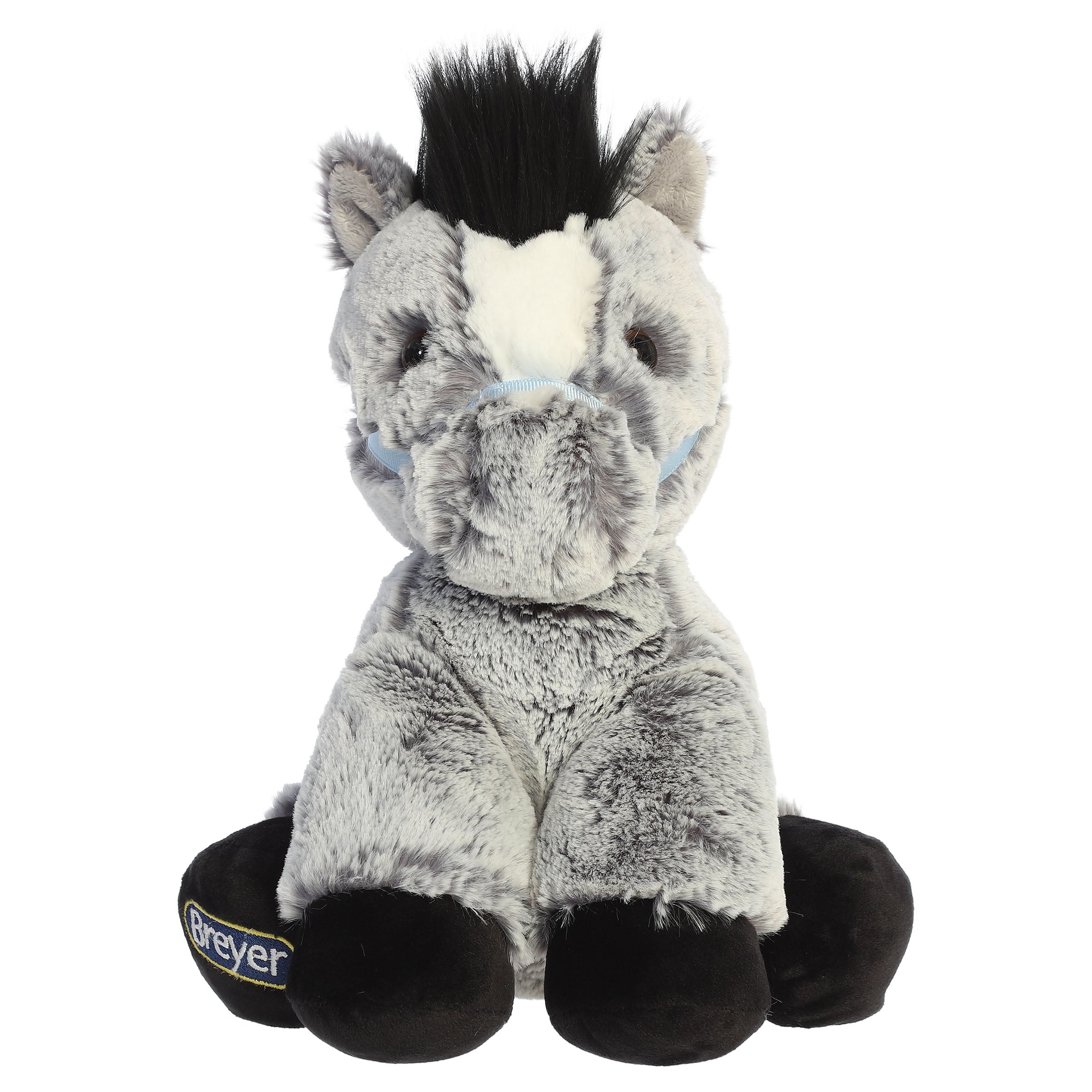 A horse plush toy from Aurora with a blue-gray coat, dark mane, and lifelike details.