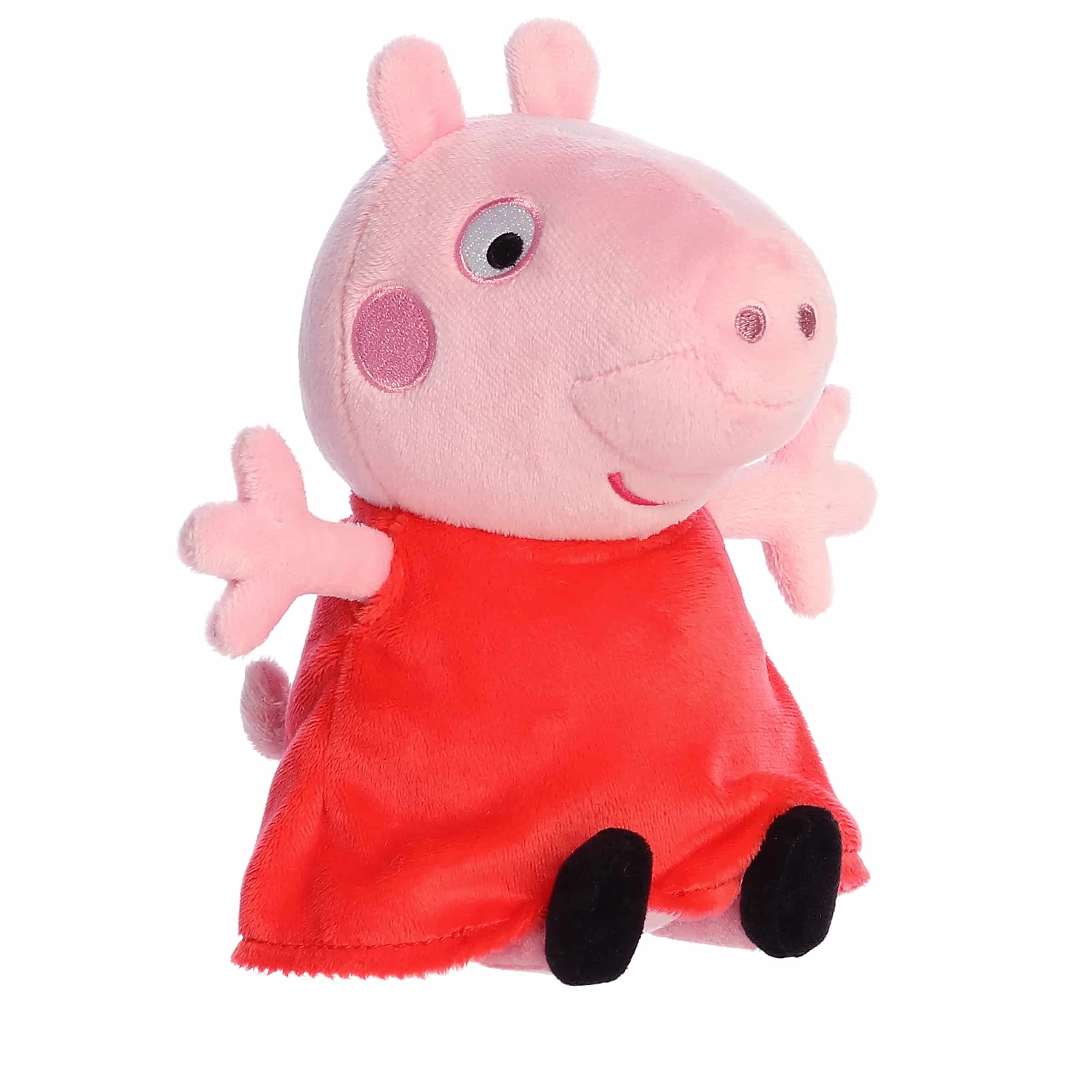 Peppa Pig plush from Aurora, featuring Peppa in a soft red dress, designed for both quality and durability