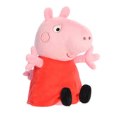 A medium Peppa Pig plush wearing a red dress with open arms and a joyful smile from Aurora’s Peppa Pig Collection.
