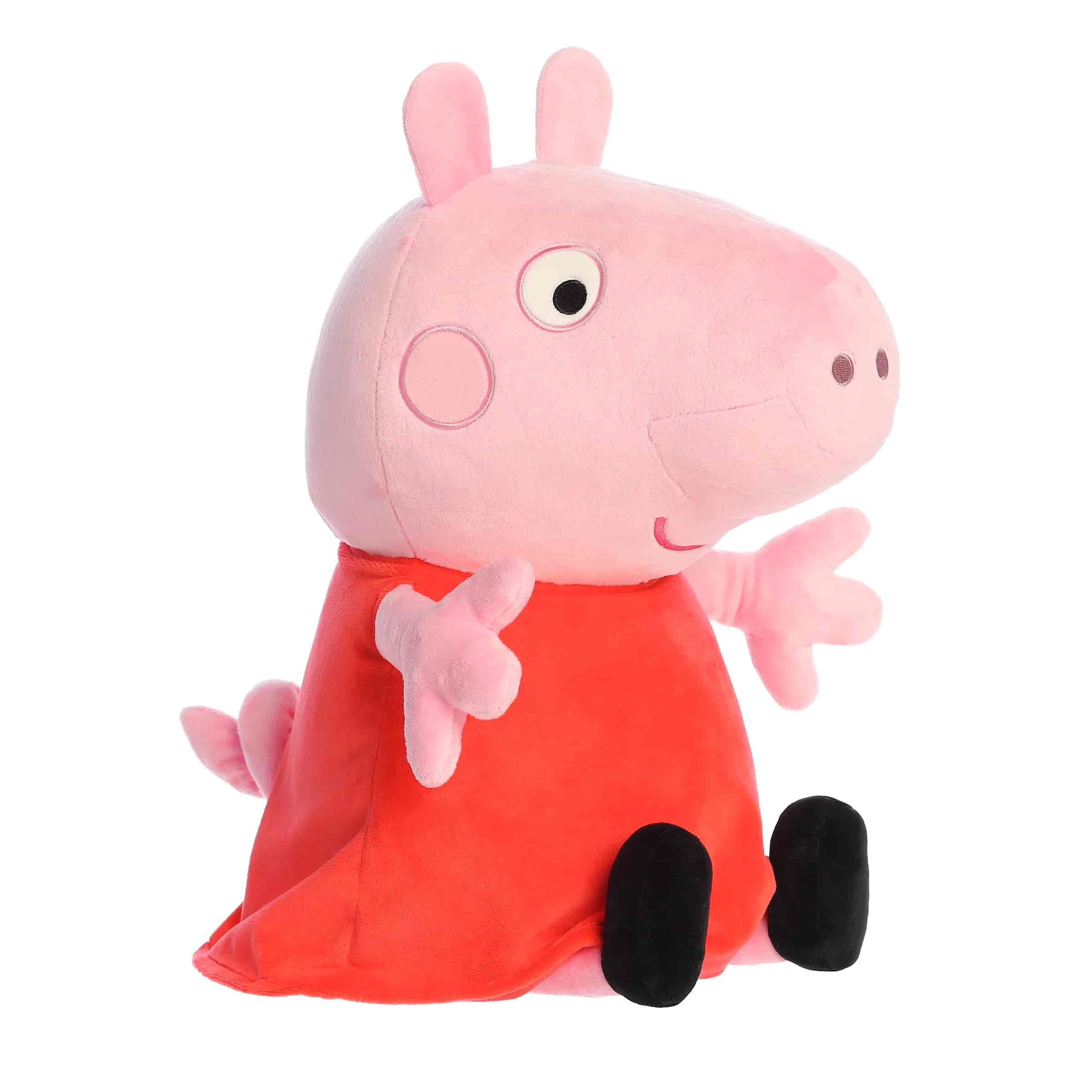 A large Peppa Pig plush wearing a red dress with a cheerful smile from Aurora’s Peppa Pig Collection.