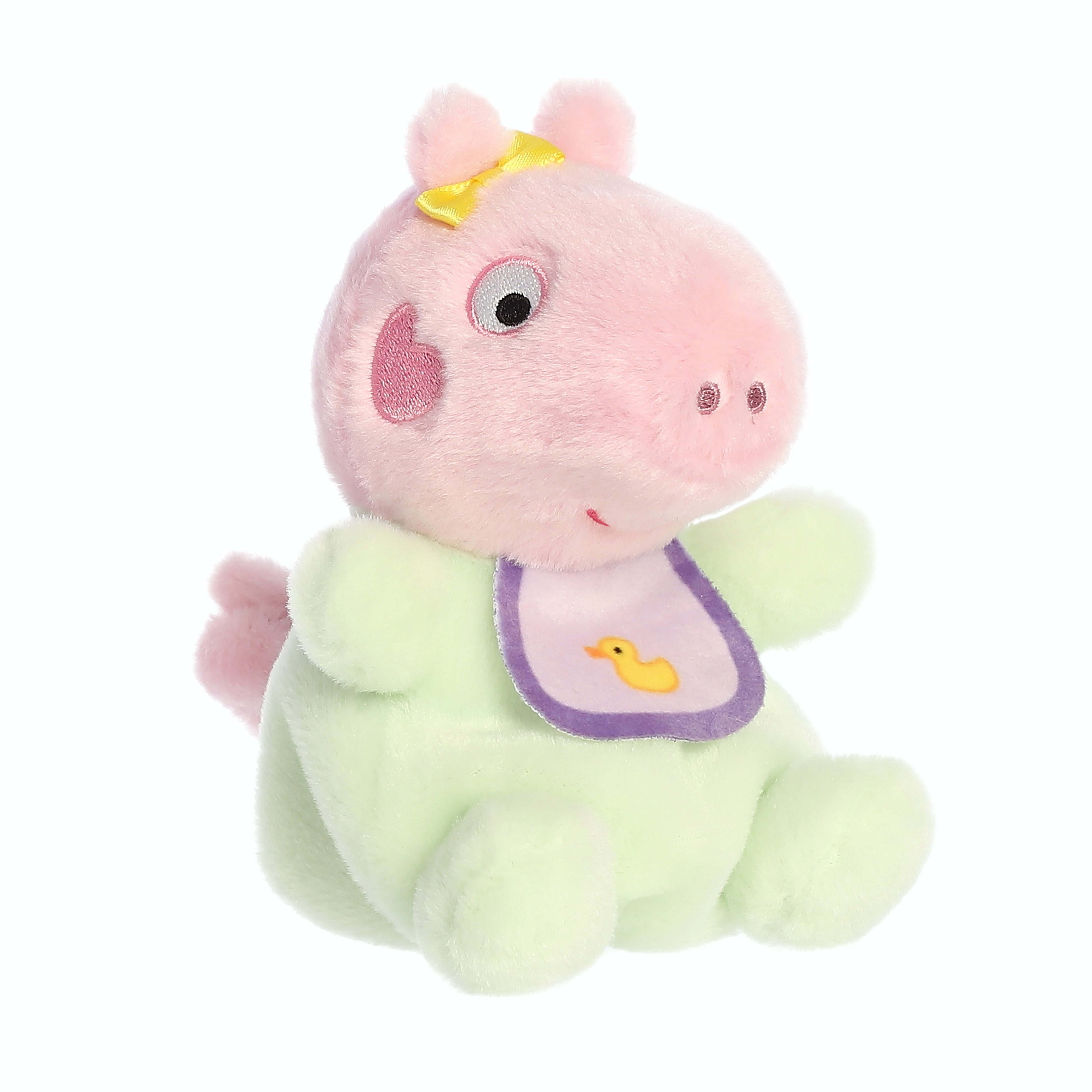 A plush toy of Baby Evie from the Peppa Pig Collection wearing a mint-green outfit, purple bib, and yellow bow!