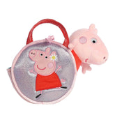 A lavender Peppa Pig plush purse with shimmering accents and a removable Peppa plush wearing a daisy