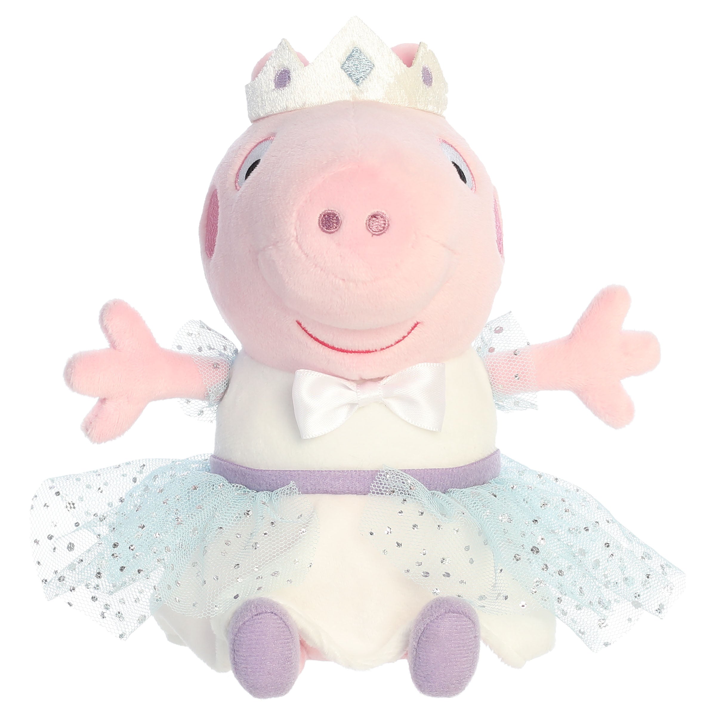 A Peppa Pig plush toy from Aurora wearing a princess outfit.